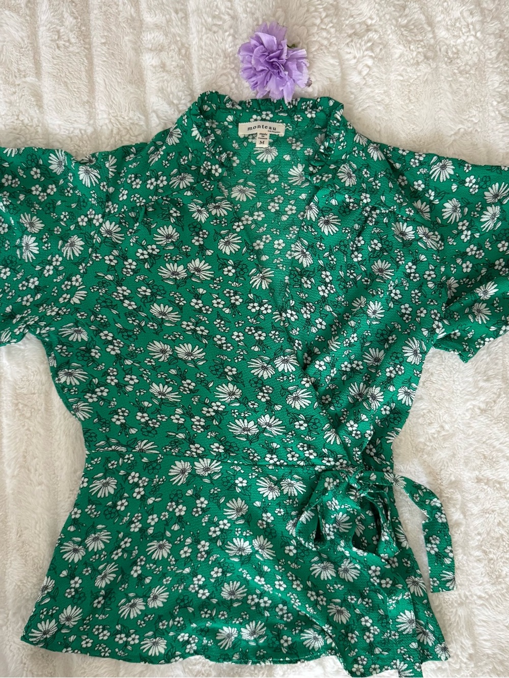 Monteau Green Floral Wrap Blouse